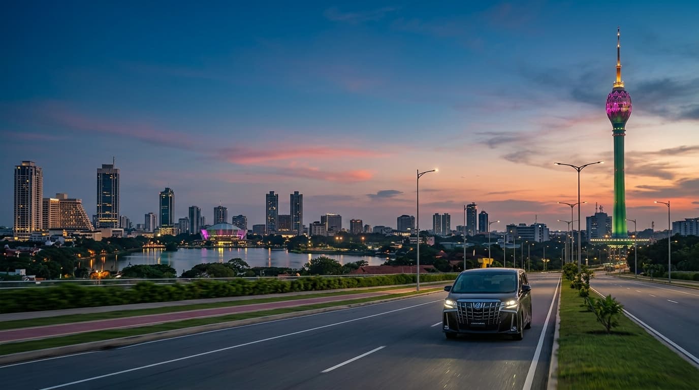 Colombo skyline with Lotus Tower and Yasiru Cabs vehicle